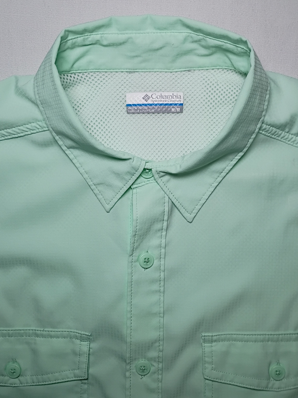 Columbia Mens Lightweight Short Sleeve Button Up Fishing Shirt Medium Mint Green